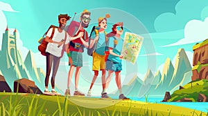 An illustration for a travel cartoon banner. Tourist backpackers searching a map on a world landmarks background. Travel