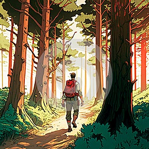 Illustration of a traveler walking in the forest