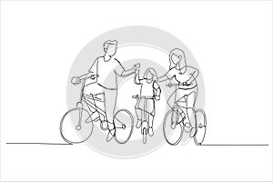 Illustration of traveling with family holiday together. Ecotourism by bicycle. One line art style