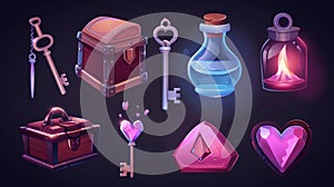 Illustration of a treasure chest with a key, a spell book, a toxic potion in a glass tube, a silver coin with gemstone