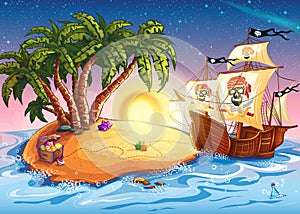 Illustration of treasure island and pirate ship