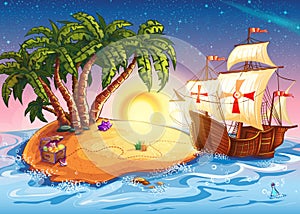 Illustration of Treasure Island with the ship caravel