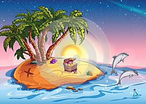 Illustration Treasure Island at sunset and cheerful dolphins