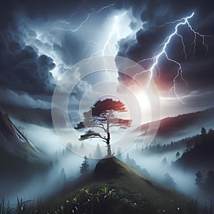 illustration of a tree being struck by lightning