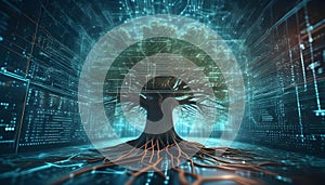 Illustration of a tree with branches seamlessly integrated into a complex cyber data network photo