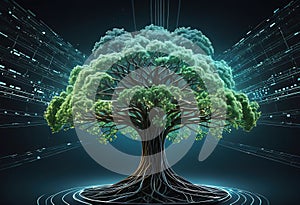 Illustration of a tree with branches seamlessly integrated into a complex cyber data network photo