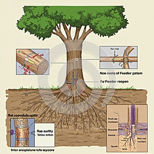 Illustration of a tree with a cross-section view of its roots and trunk. The tree,