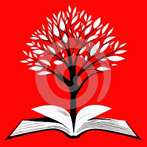 Illustration of a tree growing from an open book on a red background generative AI