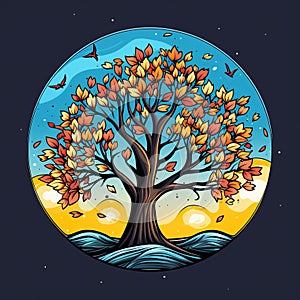 an illustration of a tree with leaves and birds flying around it