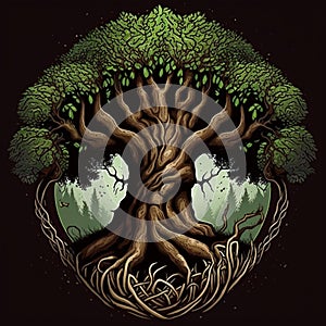 Illustration of the tree of life inside with a forest backdrop isolated on a dark brown background