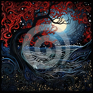an illustration of a tree with red branches and a moon in the sky