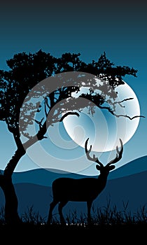 illustration with trees and deer silhouettes