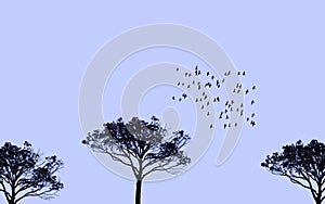 Illustration of trees and flying birds flock against clear sky in blue. Migrating birds concept.