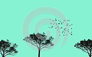 Illustration of trees and flying birds flock against clear sky in green. Migrating birds concept.