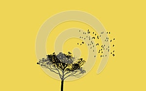 Illustration of trees and flying birds flock against clear sky in yellow. Migrating birds concept.