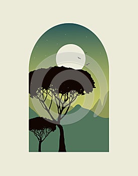 Illustration of Trees silhouettes and mountains