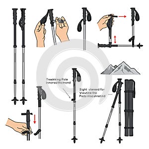 Illustration of trekking poles with step-by-step assembly instructions. Includes