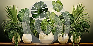Illustration of trendy tropical green plants in flowers pots - monstera, monstera, palm and ficus