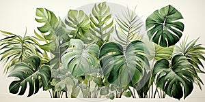 Illustration of trendy tropical green plants - monstera, monstera, palm and ficus