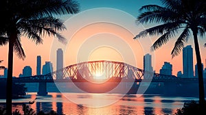 Illustration - Tropical Cityscape Sunset Bridge Palm Trees River Reflection