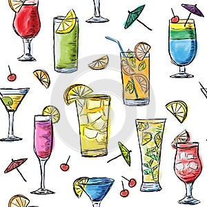 Illustration of tropical exotic cocktails. Seamless pattern.