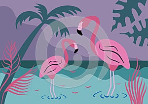 Illustration of tropical island at night with flamingos, palm tree and ocean