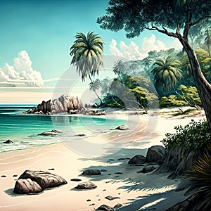 Illustration of a tropical landscape with a beach and palm trees. Generative AI.