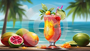 illustration of a tropical mango tango cocktail, with juicy mangoes, tangy lime, and a splash of grenadine