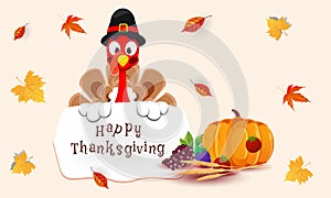 Illustration of turkey bird holding message card of Happy Thanksgiving with vegetable grain fruit and autumn leaves.