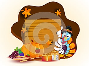 Illustration of turkey bird holding wooden board given for your message.