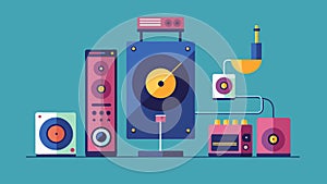 An illustration of a turntable being connected to a preamp and speakers in the optimal audio setup. Vector illustration. photo