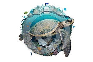 Illustration of a turtle in a drop of water flowating with much garbage on islated white background. Generative AI