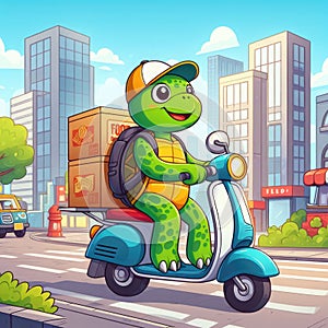 Illustration of a turtle on a scooter working in a delivery service