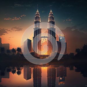 Illustration Twin Towers Petronas Malaysia with sunset view and wonderful day