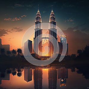 Illustration Twin Towers Petronas Malaysia with sunset view and wonderful day photo