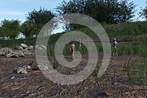 Illustration of two aliens and a woman walking amongst tall grass