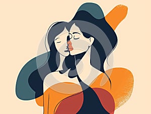 illustration of two beautiful women with closed eyes. Friendship concept. Generative AI