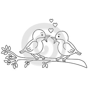 Illustration of two  birds coloring page with tree branch