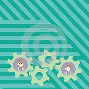 Illustration of Two Business People Each Inside Colorful Cog Wheel Gears photo. Creative Background Idea for Team
