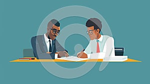 Illustration of two business people wearing corporate clothes as they sit at a desk, collaboratively working on