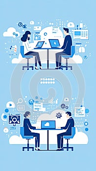 Collaborative cloud computing with two business professionals at desks