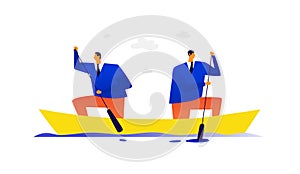 Illustration of two businessmen in a boat. Vector. One team in the face of two leaders is swimming in different directions. Confli