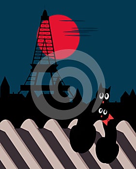 illustration of two cats in love on a roof in paris