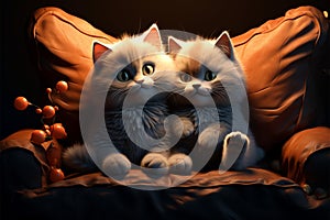 Illustration Two cats snuggle, sofa bound, sharing a loving heart