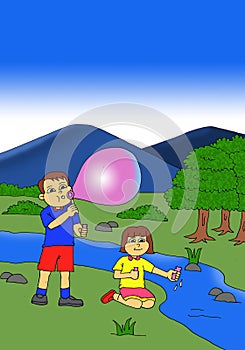 illustration of two children trying to blow bubbles beside a river