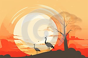 an illustration of two cranes standing on a hill with the sun in the background