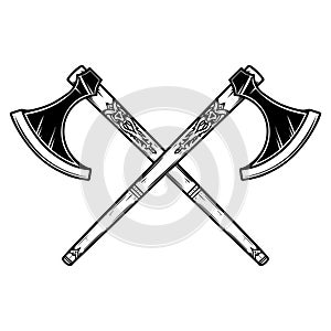 Illustration of two crossed viking axe in engraving style. Design element for logo, emblem, sign, poster, card, banner.