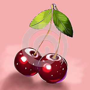 illustration of two delicious ripe juicy moist cherries on a branch with two leaves on a pink background