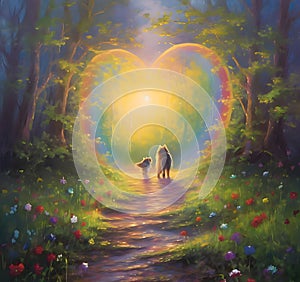 Illustration of two dogs in a happy green land walking towards the light in the middle of a heart. Has a symbol of affection