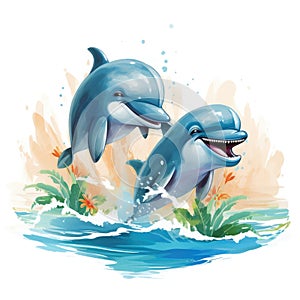 Illustration of two dolphins jumping on the waves on a white background